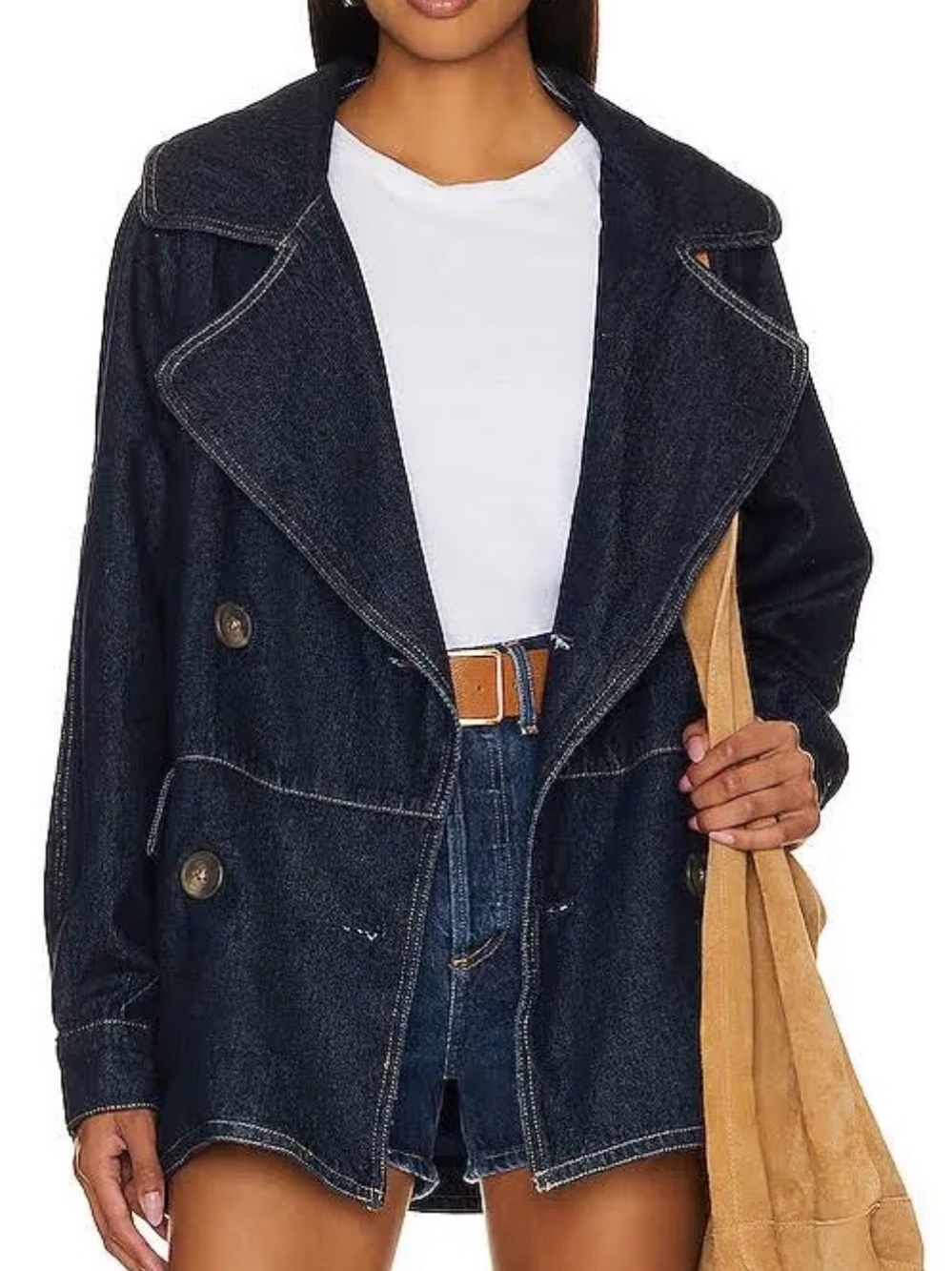 NWOT Free People Oversize Dark Blue Denim Double-Breasted Jacket